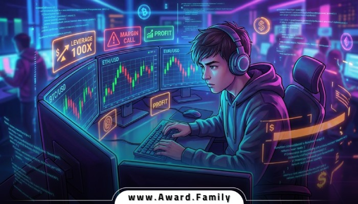 تریدر جوان در حال معامله در بازار فارکس با صفحه نمایش پر از نمودارهای ارز دیجیتال و دلار، همراه با نمادهای اهرم مالی.